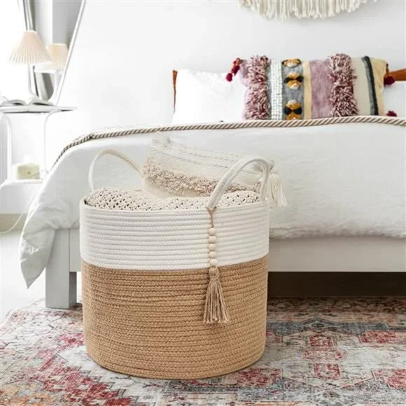 Woven Storage Basket Decorative Natural Rope Basket Wooden Bead16x13